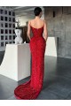 V-Neck Sleeveless Long Sweep Train Velvet Sequin Prom Dress with High Side Slit Clearance