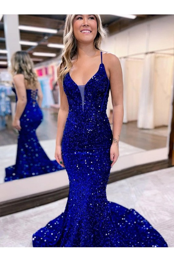 Mermaid V-Neck Sleeveless Long Court Train Velvet Sequin Prom Dress Clearance
