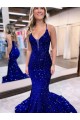 Mermaid V-Neck Sleeveless Long Court Train Velvet Sequin Prom Dress Clearance