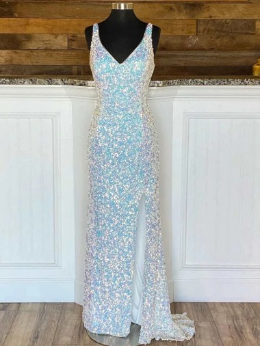 V-Neck Sleeveless Long Sweep Train Velvet Sequin Prom Dress Clearance