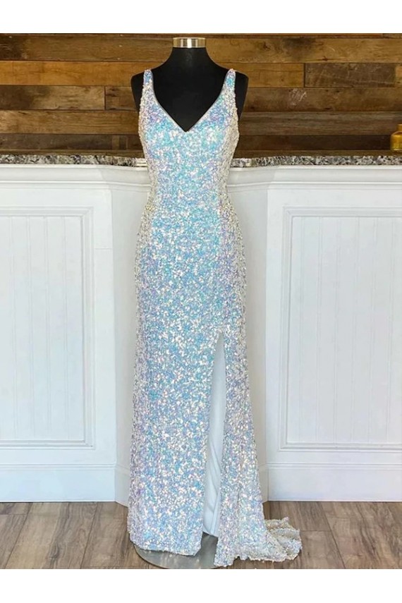 V-Neck Sleeveless Long Sweep Train Velvet Sequin Prom Dress Clearance