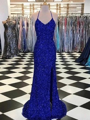 V-Neck Sleeveless Long Velvet Sequin Prom Dress Clearance