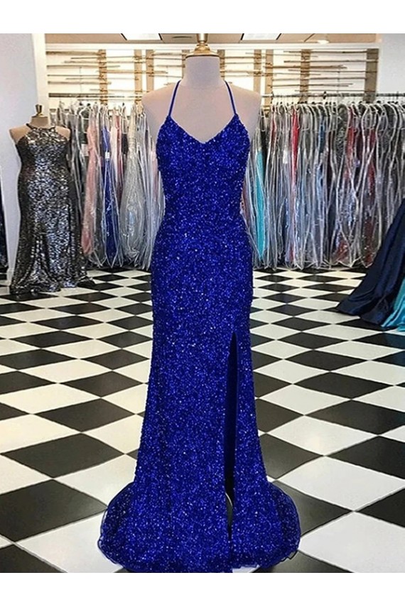 V-Neck Sleeveless Long Velvet Sequin Prom Dress Clearance