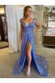 A-Line V-Neck Sleeveless Long Court Train Velvet Sequin Prom Dress with High Slit Clearance