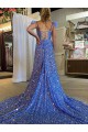 A-Line V-Neck Sleeveless Long Court Train Velvet Sequin Prom Dress with High Slit Clearance