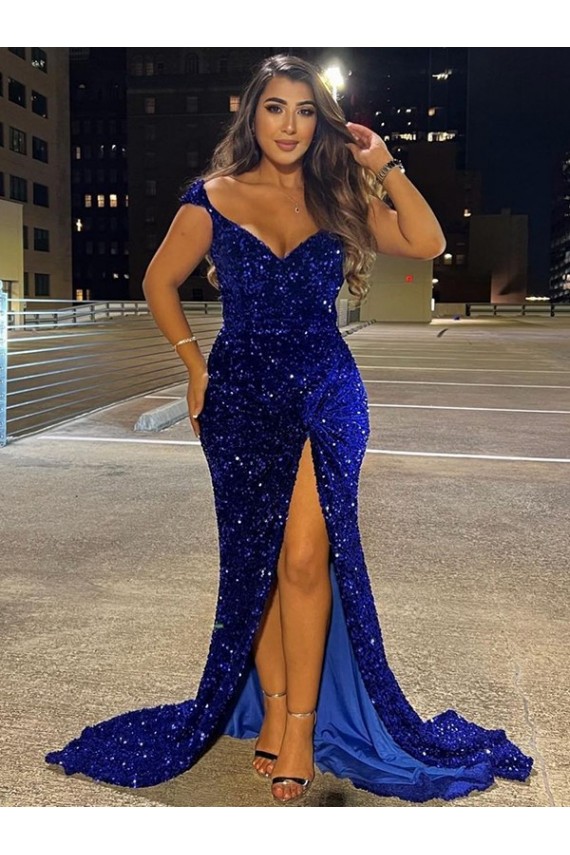 V-Neck Sleeveless Long Sweep Train Velvet Sequin Prom Dress with Slit Clearance