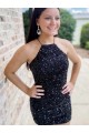 Halter Sleeveless Short Velvet Sequin Prom Dress Clearance