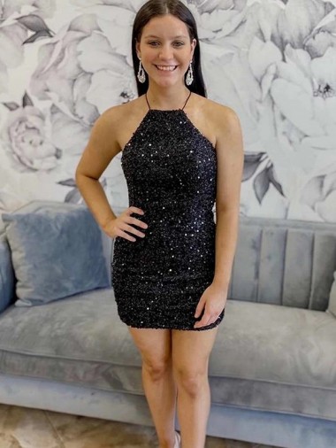 Halter Sleeveless Short Velvet Sequin Prom Dress Clearance