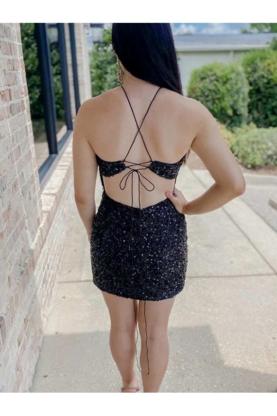 Halter Sleeveless Short Velvet Sequin Prom Dress Clearance