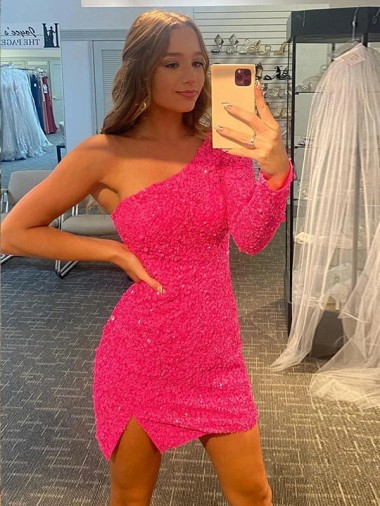 Short Velvet Sequin One Shoulder Long Sleeves Prom Dress Clearance