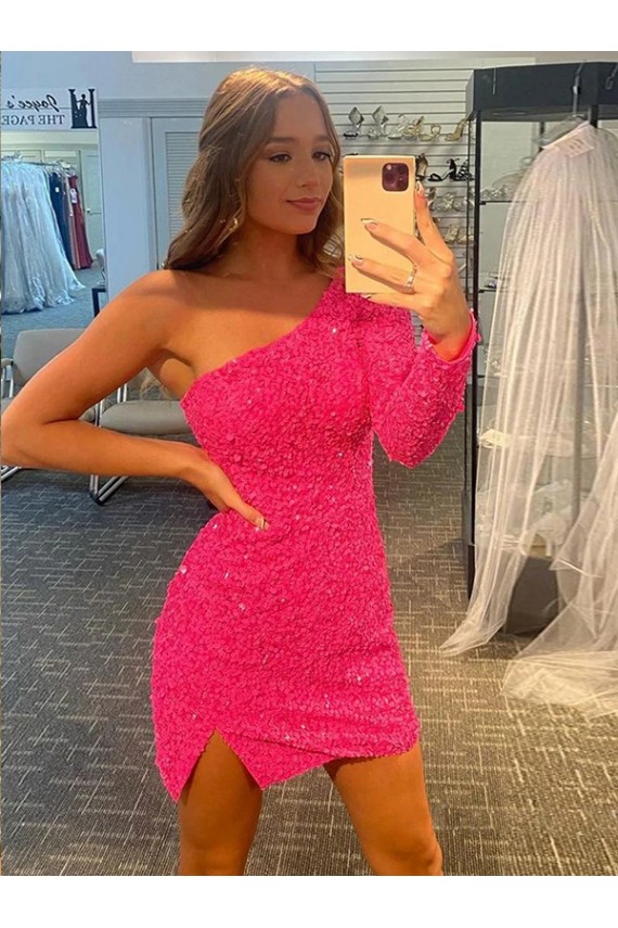 Short Velvet Sequin One Shoulder Long Sleeves Prom Dress Clearance