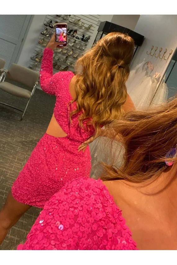 One Shoulder Long Sleeves Short Velvet Sequin Prom Dress Clearance