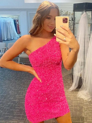 Short One Shoulder Sleeveless Velvet Sequin Prom Dress Clearance