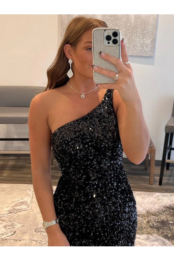 One Shoulder Sleeveless Short Velvet Sequin Prom Dress Clearance