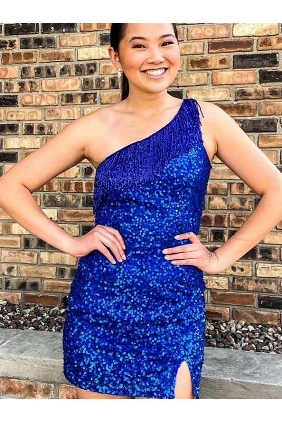 One Shoulder Sleeveless Short Velvet Sequin Royal Blue Prom Dress Clearance