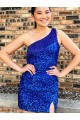 One Shoulder Sleeveless Short Velvet Sequin Royal Blue Prom Dress Clearance