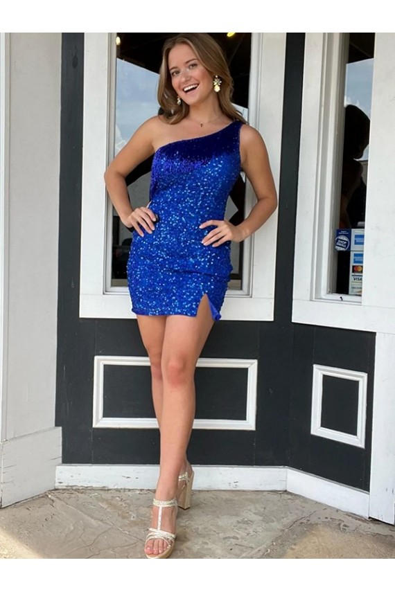 One Shoulder Sleeveless Short Velvet Sequin Royal Blue Prom Dress Clearance