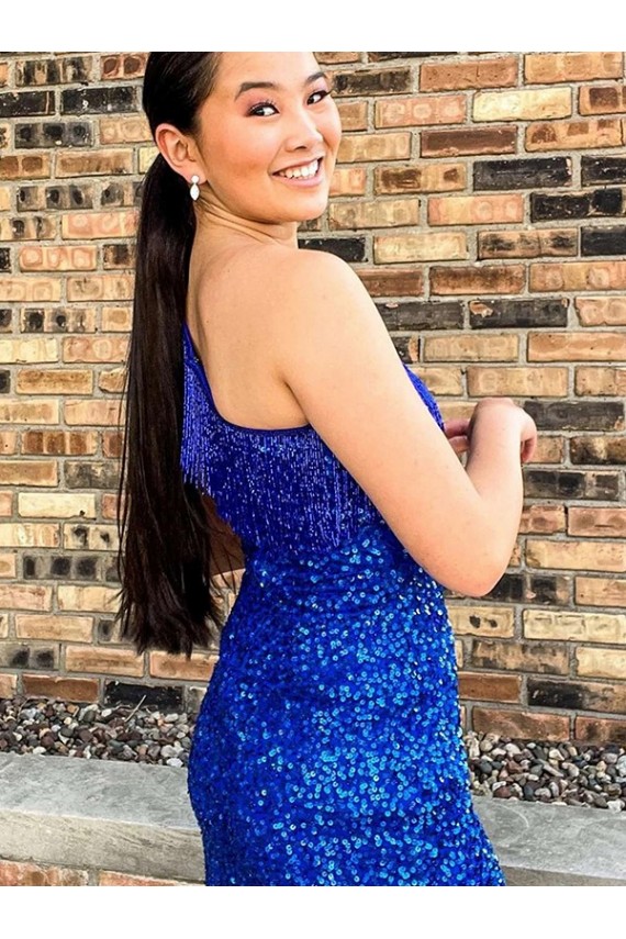 One Shoulder Sleeveless Short Velvet Sequin Royal Blue Prom Dress Clearance