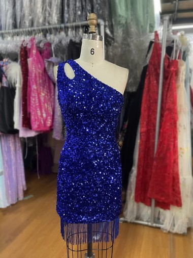 One Shoulder Keyhole Sleeveless Short Velvet Sequin Prom Dress Clearance