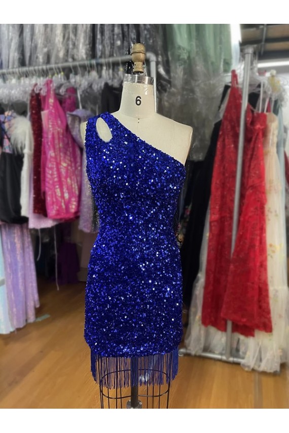 One Shoulder Keyhole Sleeveless Short Velvet Sequin Prom Dress Clearance