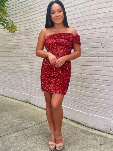 Short One Shoulder Sleeveless Velvet Sequin Cocktail Prom Dress Clearance