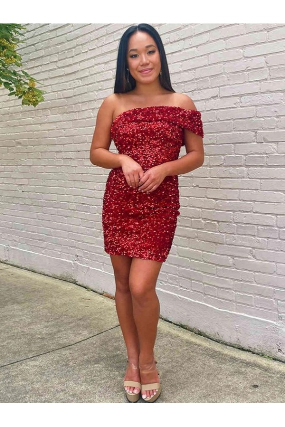 Short One Shoulder Sleeveless Velvet Sequin Cocktail Prom Dress Clearance