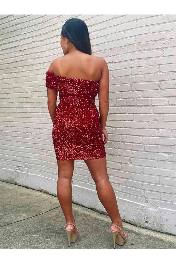 Short One Shoulder Sleeveless Velvet Sequin Cocktail Prom Dress Clearance