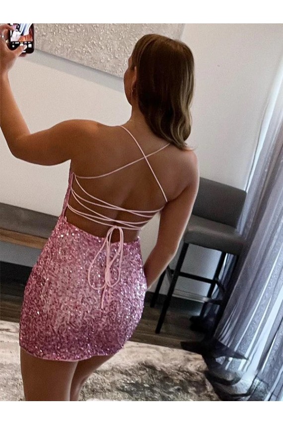 Spaghetti Straps Sleeveless Short Velvet Sequin Prom Dress Clearance