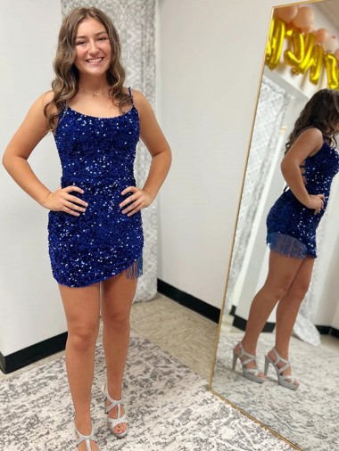 Spaghetti Straps Backless Sleeveless Short Velvet Sequin Prom Dress Clearance