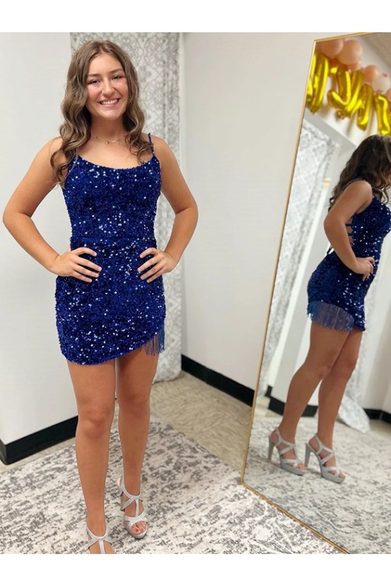 Spaghetti Straps Backless Sleeveless Short Velvet Sequin Prom Dress Clearance