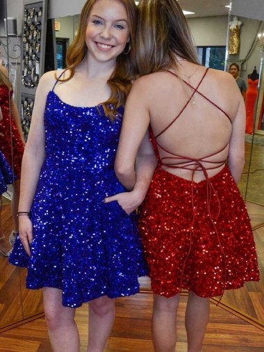 A-Line Spaghetti Straps Sleeveless Short Velvet Sequin Prom Dress Clearance