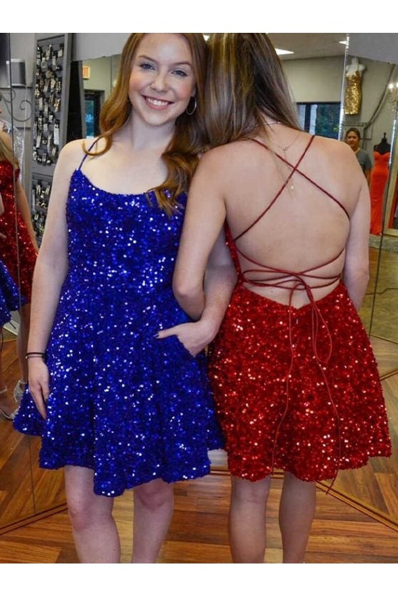 A-Line Spaghetti Straps Sleeveless Short Velvet Sequin Prom Dress Clearance