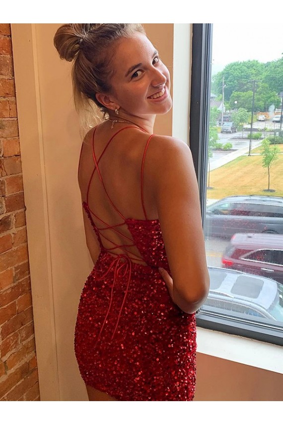 V-Neck Sleeveless Short Velvet Sequins Prom Dress Clearance