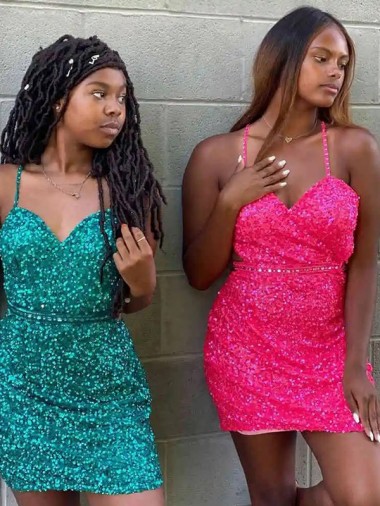 V-Neck Sleeveless Short Velvet Sequin Cocktail Dress Clearance