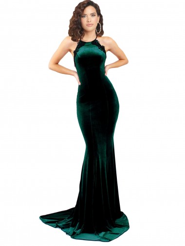 High Neck Stretch Velvet Prom Dress with Black Lace Embroidery Clearance