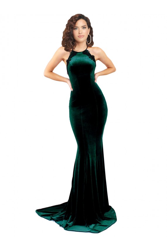 High Neck Stretch Velvet Prom Dress with Black Lace Embroidery Clearance