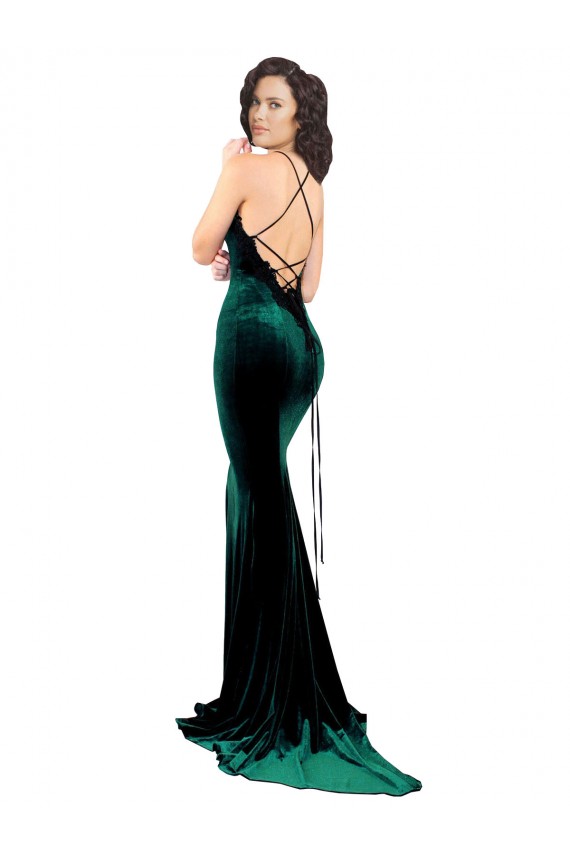 High Neck Stretch Velvet Prom Dress with Black Lace Embroidery Clearance