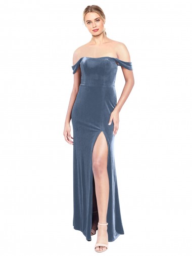 Draped Sleeves Wide Scoop Neck Off the Shoulder Velvet Prom Dress Clearance