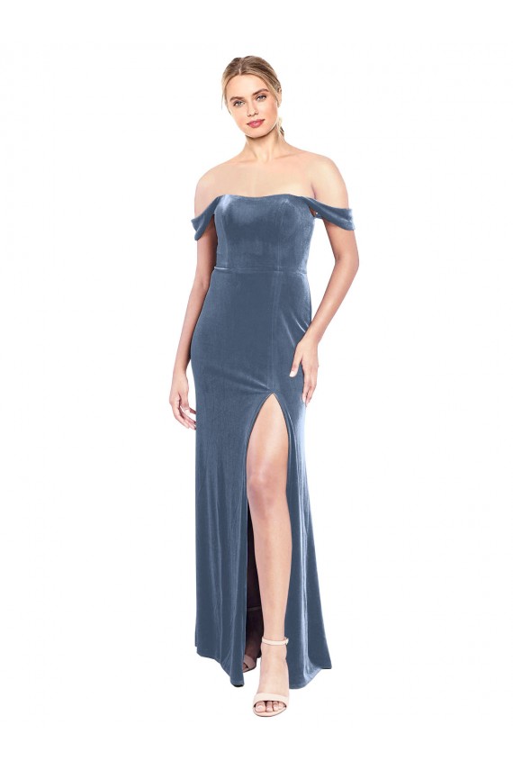 Draped Sleeves Wide Scoop Neck Off the Shoulder Velvet Prom Dress Clearance