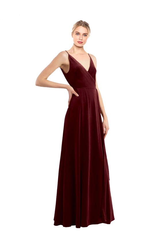 Faux Wrap V-Neck Sleek Long Velvet Prom Dress Clearance