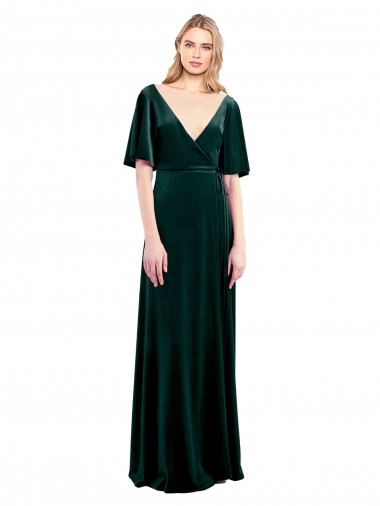 Deep V-Neck Flutter Sleeves Long Velvet Wrap Prom Dress Clearance