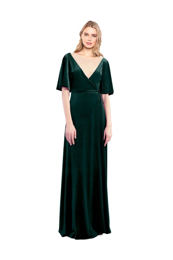 Deep V-Neck Flutter Sleeves Long Velvet Wrap Prom Dress Clearance