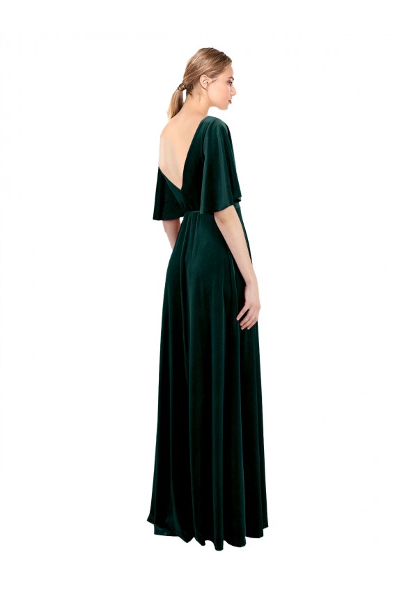 Deep V-Neck Flutter Sleeves Long Velvet Wrap Prom Dress Clearance