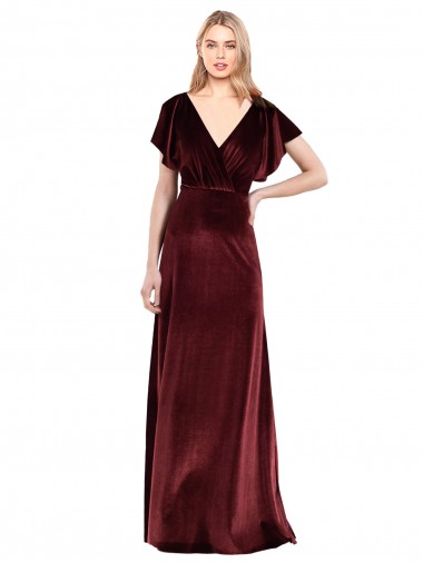 Flutter Sleeves Open Back Long Velvet Prom Dress Clearance