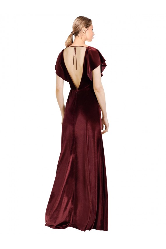 Flutter Sleeves Open Back Long Velvet Prom Dress Clearance