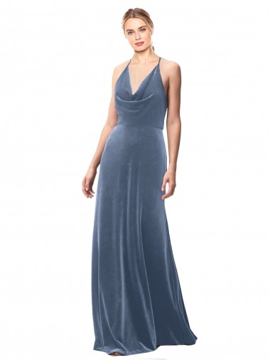 Halter Cowl Neck Long A-Line Velvet Prom Dress with Keyhole Back Clearance