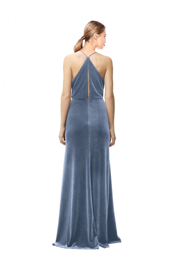 Halter Cowl Neck Long A-Line Velvet Prom Dress with Keyhole Back Clearance
