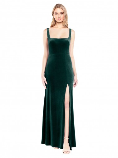 Square Neck Full Length Velvet Prom Dress with Side Slit Clearance