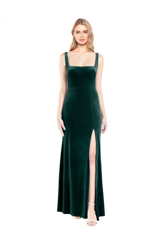 Square Neck Full Length Velvet Prom Dress with Side Slit Clearance