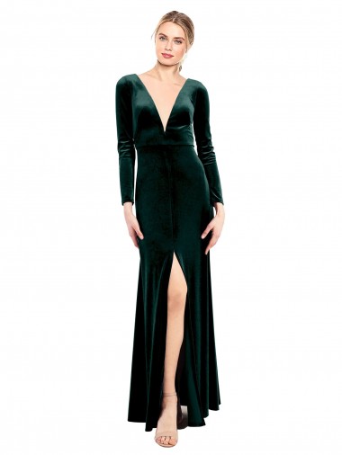 Plunging V-Neckline Long Sleeves Open Back Velvet Prom Dress Clearance